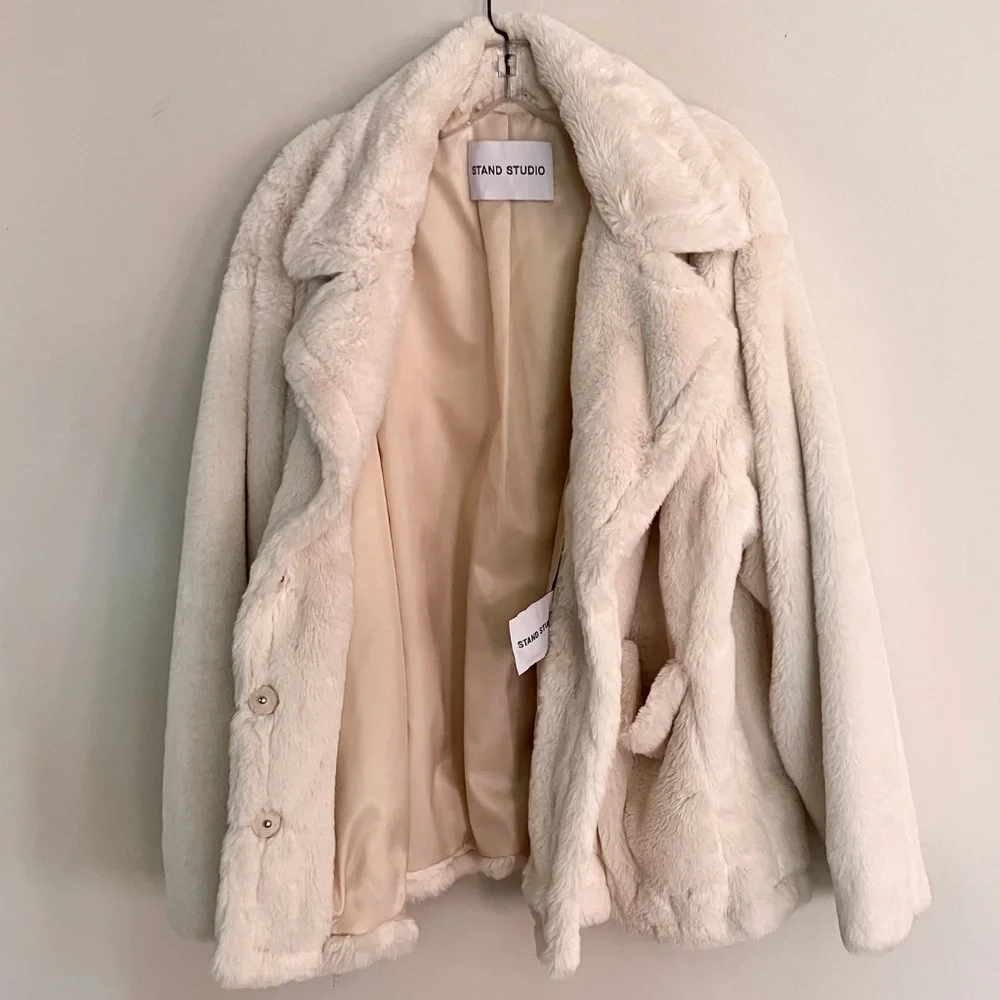 Stand Studio White Faux Fur Jacket EU42 8 10 12 Large - Picture 2 of 8